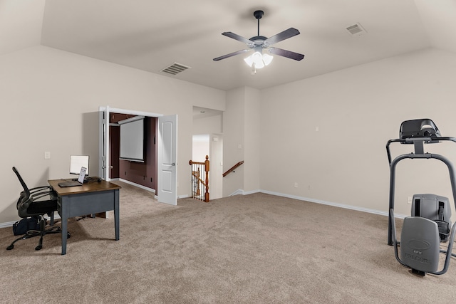 1730 Monaco Dr, Allen, TX 75002 - unfurnished office featuring lofted ceiling, carpet floors, a ceiling fan, and baseboards