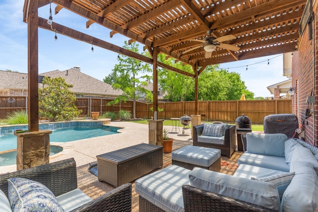 1730 Monaco Dr, Allen, TX 75002 - view of patio / terrace with an outdoor living space, a fenced backyard, ceiling fan, and a pergola