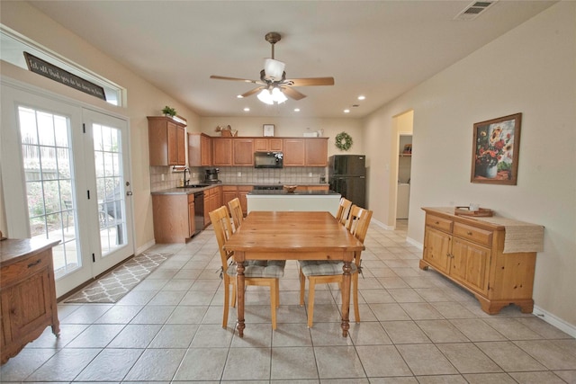 908 Reveille Rd, Fort Worth, TX 76108 - dining area with light tile patterned flooring, recessed lighting, ceiling fan, and baseboards