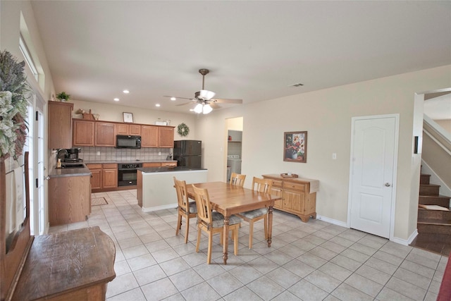 908 Reveille Rd, Fort Worth, TX 76108 - dining room with stairs, a ceiling fan, recessed lighting, light tile patterned flooring, and baseboards