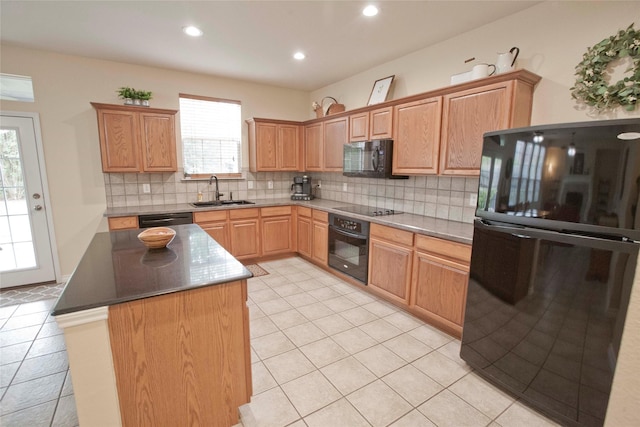 908 Reveille Rd, Fort Worth, TX 76108 - kitchen featuring black appliances, a sink, decorative backsplash, recessed lighting, and a kitchen island