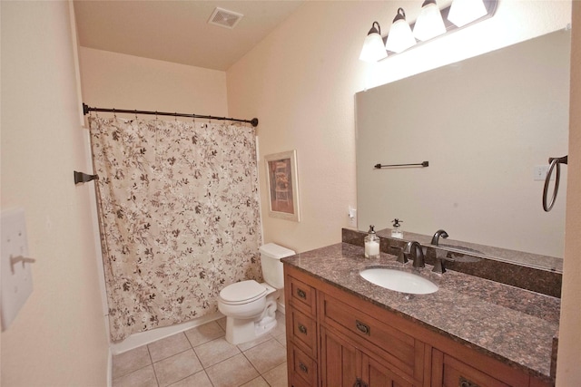 908 Reveille Rd, Fort Worth, TX 76108 - bathroom with toilet, tile patterned floors, vanity, and a shower with curtain
