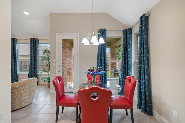 1109 Hot Springs Way, Celina, TX 75009 - dining room featuring a chandelier, lofted ceiling, baseboards, and tile patterned floors