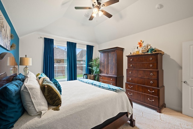 1109 Hot Springs Way, Celina, TX 75009 - bedroom with light colored carpet, vaulted ceiling, and a ceiling fan