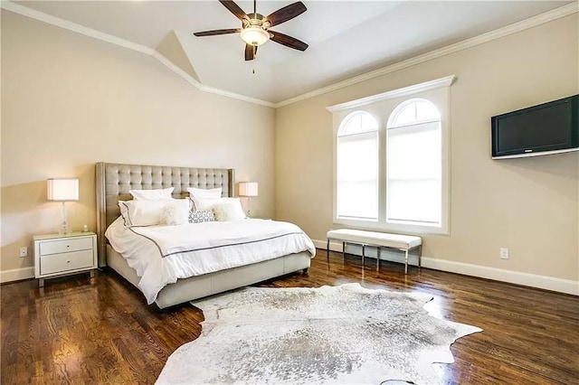 3660 Belvedere Ct, Dallas, TX 75219 - bedroom with wood finished floors, lofted ceiling, baseboards, crown molding, and ceiling fan