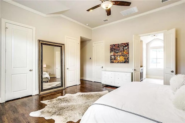 3660 Belvedere Ct, Dallas, TX 75219 - bedroom featuring wood finished floors, ornamental molding, baseboards, and ceiling fan