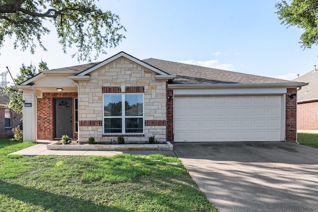 2775 Sweetbriar Ln, Grand Prairie, TX 75052 - ranch-style house featuring stone siding, driveway, an attached garage, a front yard, and roof with shingles