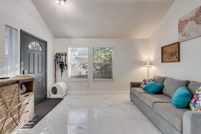 2775 Sweetbriar Ln, Grand Prairie, TX 75052 - living room with lofted ceiling, marble finish flooring, and baseboards