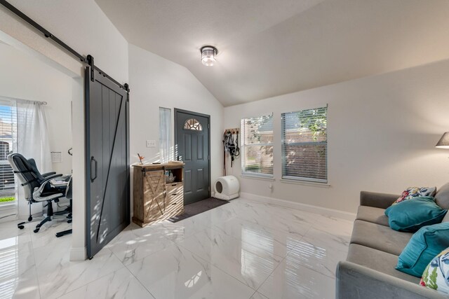 2775 Sweetbriar Ln, Grand Prairie, TX 75052 - bedroom featuring a barn door, marble finish flooring, multiple windows, lofted ceiling, and baseboards