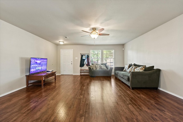 2352 Clairborne Dr, Fort Worth, TX 76177 - living area with ceiling fan, dark wood finished floors, and baseboards