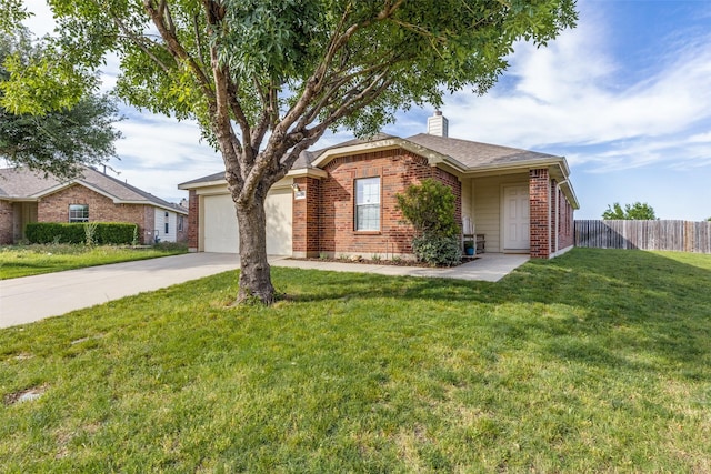 14320 Polo Ranch St, Fort Worth, TX 76052 - ranch-style house featuring brick siding, concrete driveway, a chimney, and a garage