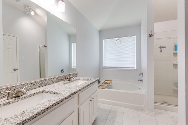 14320 Polo Ranch St, Fort Worth, TX 76052 - bathroom featuring a shower stall, a bath, double vanity, and marble finish floors
