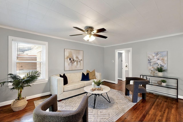6042 Belgrade Ave, Dallas, TX 75227 - living area featuring ornamental molding, wood finished floors, a ceiling fan, and baseboards