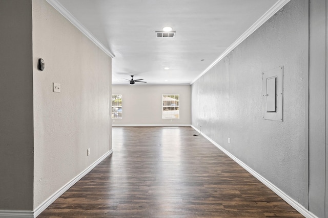 1530 Lime Leaf Ln, Duncanville, TX 75137 - hall with a textured wall, wood finished floors, crown molding, baseboards, and electric panel