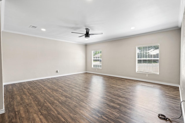 1530 Lime Leaf Ln, Duncanville, TX 75137 - empty room with ornamental molding, ceiling fan, dark wood finished floors, baseboards, and recessed lighting