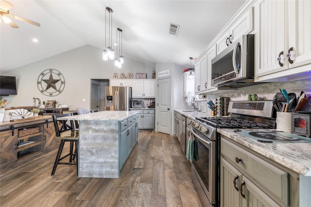 1668 Poe Prairie Rd, Millsap, TX 76066 - kitchen with stainless steel appliances, a center island, lofted ceiling, a kitchen breakfast bar, and dark wood-style floors