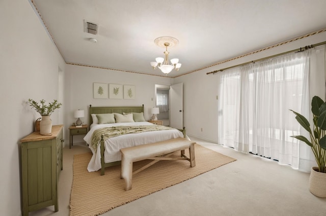 bedroom with light carpet, a chandelier, and baseboards