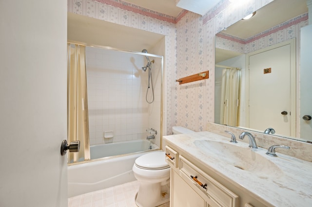 full bathroom featuring wallpapered walls, shower / bath combo with shower curtain, toilet, and vanity