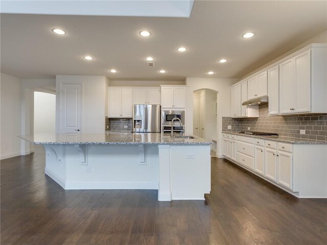 4158 Kate Dr, Frisco, TX 75034 - kitchen featuring stainless steel appliances, under cabinet range hood, arched walkways, decorative backsplash, and white cabinets