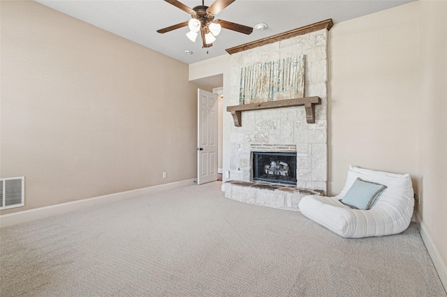 801 Shadow Hill Dr, Prosper, TX 75078 - unfurnished living room with a ceiling fan, baseboards, carpet floors, and a fireplace