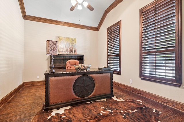 801 Shadow Hill Dr, Prosper, TX 75078 - office space with ornamental molding, a ceiling fan, vaulted ceiling, and baseboards