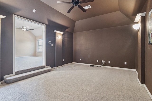 801 Shadow Hill Dr, Prosper, TX 75078 - carpeted empty room featuring a ceiling fan, lofted ceiling, and baseboards