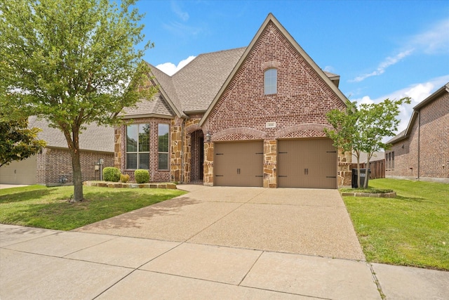 416 Fairway Bluff Dr, Wylie, TX 75098 - tudor house featuring a front yard, stone siding, a garage, driveway, and brick siding