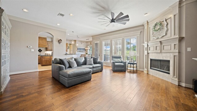 12046 Erin Ln, Fort Worth, TX 76179 - living area with crown molding, a ceiling fan, wood-type flooring, a fireplace, and recessed lighting