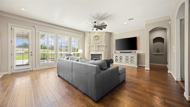 12046 Erin Ln, Fort Worth, TX 76179 - living area featuring arched walkways, dark wood-style floors, a fireplace, baseboards, and crown molding