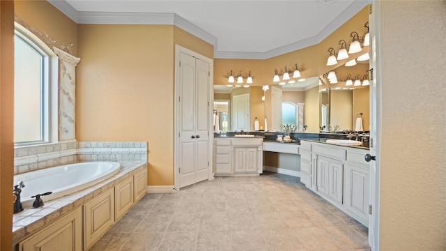 12046 Erin Ln, Fort Worth, TX 76179 - bathroom featuring crown molding, a garden tub, vanity, tile patterned floors, and baseboards