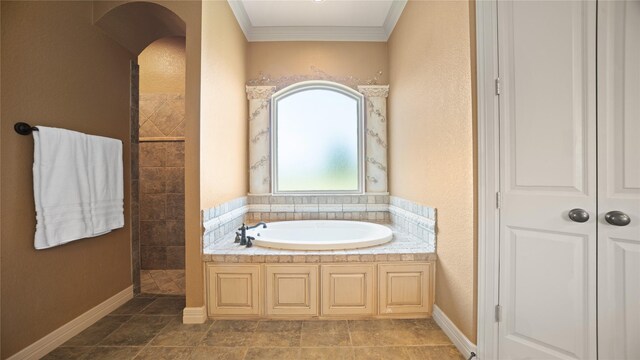 12046 Erin Ln, Fort Worth, TX 76179 - bathroom featuring a garden tub, crown molding, and walk in shower