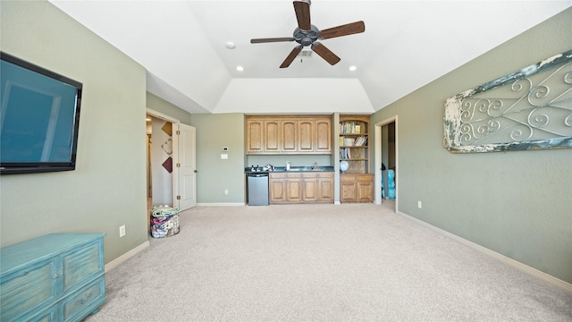 12046 Erin Ln, Fort Worth, TX 76179 - unfurnished living room with a ceiling fan, light carpet, lofted ceiling, recessed lighting, and baseboards