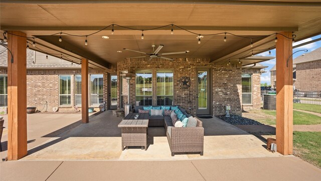 12046 Erin Ln, Fort Worth, TX 76179 - view of patio with an outdoor hangout area, a ceiling fan, and fence