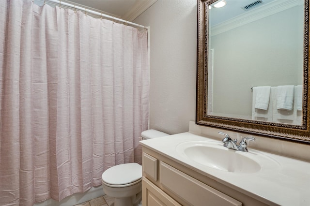 1414 Tulane Ct, Allen, TX 75013 - bathroom featuring ornamental molding, toilet, vanity, and a shower with shower curtain