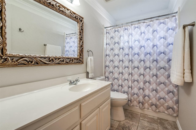 1414 Tulane Ct, Allen, TX 75013 - bathroom with crown molding, toilet, vanity, and stone finish floors
