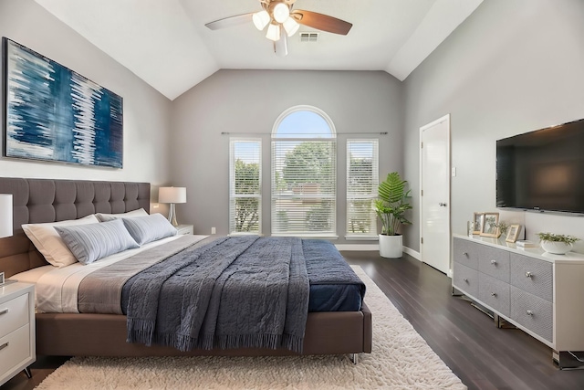 11003 Canoe Rd, Frisco, TX 75035 - bedroom with dark wood finished floors, lofted ceiling, a ceiling fan, and baseboards