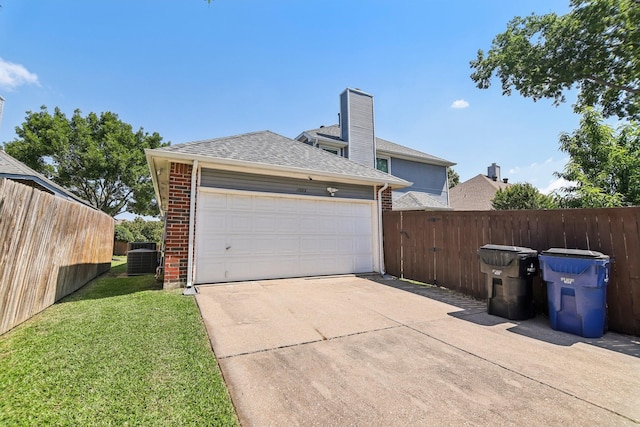 11003 Canoe Rd, Frisco, TX 75035 - view of side of home with brick siding, roof with shingles, cooling unit, a chimney, and concrete driveway
