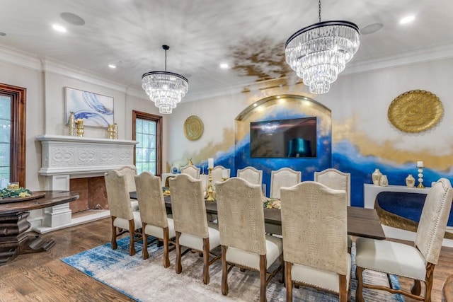 7212 John Mccain Rd, Colleyville, TX 76034 - dining space with a chandelier, wood finished floors, crown molding, and recessed lighting