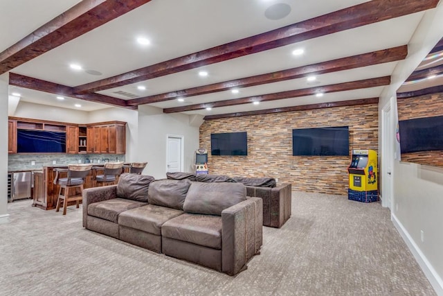 7212 John Mccain Rd, Colleyville, TX 76034 - living room with light carpet, wet bar, recessed lighting, beamed ceiling, and baseboards