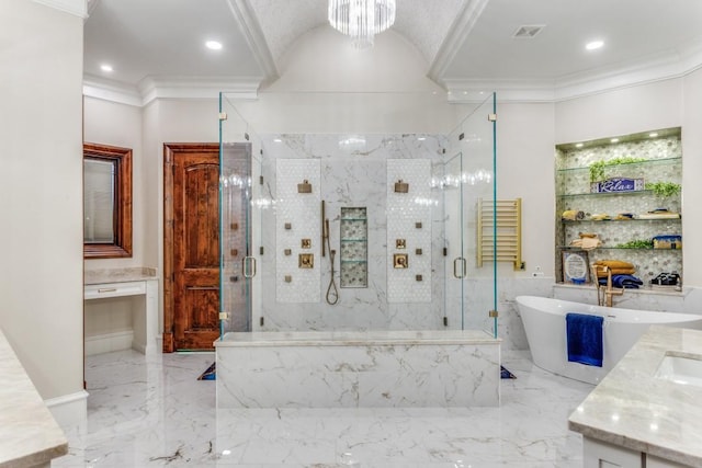 7212 John Mccain Rd, Colleyville, TX 76034 - full bath featuring crown molding, a freestanding bath, a marble finish shower, marble tiled floors, and vanity