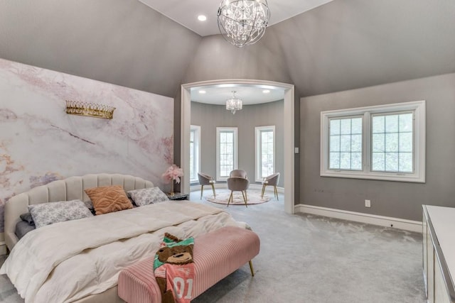 7212 John Mccain Rd, Colleyville, TX 76034 - bedroom featuring a chandelier, light colored carpet, baseboards, lofted ceiling, and recessed lighting