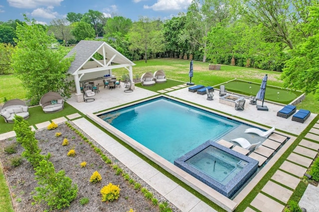 7212 John Mccain Rd, Colleyville, TX 76034 - view of pool featuring a putting area, a gazebo, a patio area, a yard, and a pool with connected hot tub
