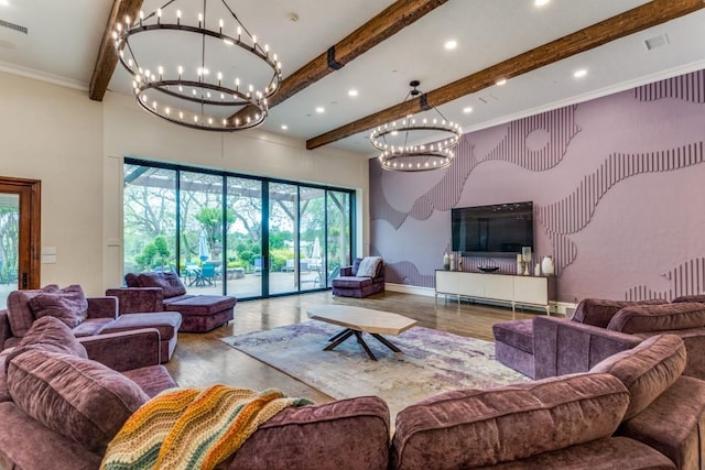7212 John Mccain Rd, Colleyville, TX 76034 - living room with beamed ceiling, recessed lighting, a chandelier, a high ceiling, and wood finished floors