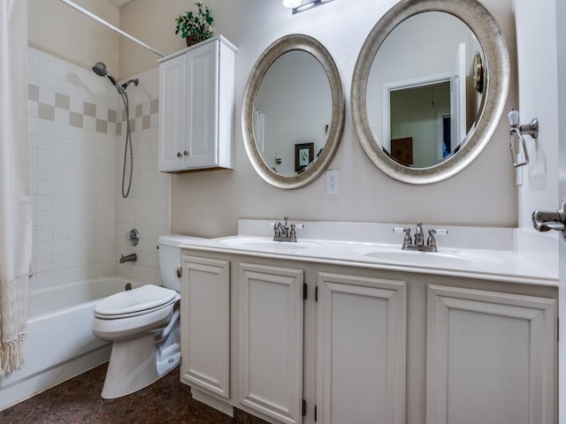 3214 Pecan Meadow Dr, Garland, TX 75040 - bathroom featuring toilet, double vanity, and shower / bath combination with curtain