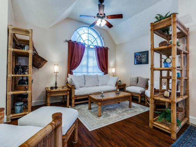 3214 Pecan Meadow Dr, Garland, TX 75040 - living room featuring a ceiling fan, wood finished floors, lofted ceiling, and baseboards