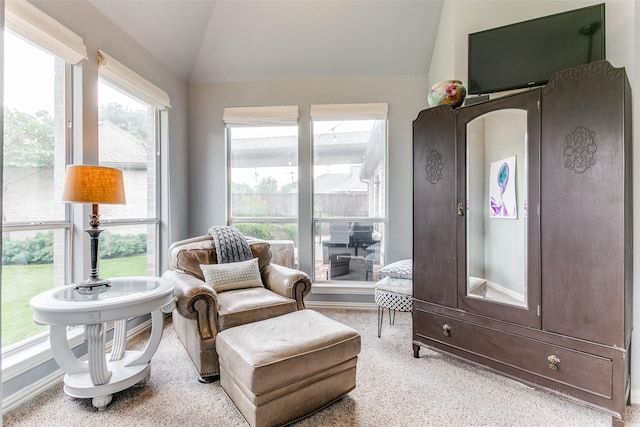 sitting room featuring vaulted ceiling and carpet flooring