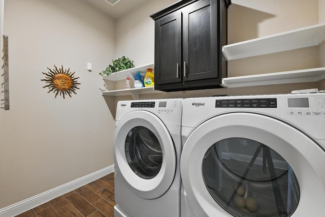 2172 Knightsgate Rd, Argyle, TX 76226 - laundry area featuring separate washer and dryer, cabinet space, wood finish floors, and baseboards