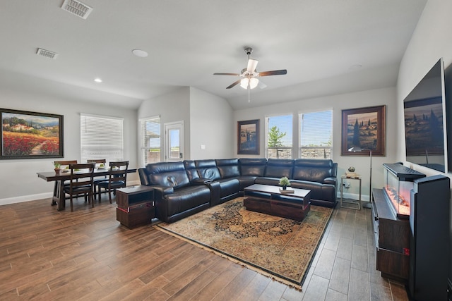 2172 Knightsgate Rd, Argyle, TX 76226 - living area with ceiling fan, wood finished floors, baseboards, lofted ceiling, and recessed lighting
