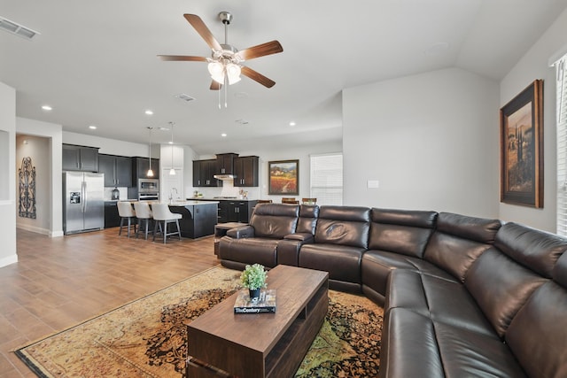 2172 Knightsgate Rd, Argyle, TX 76226 - living room with ceiling fan, light wood-type flooring, recessed lighting, and baseboards