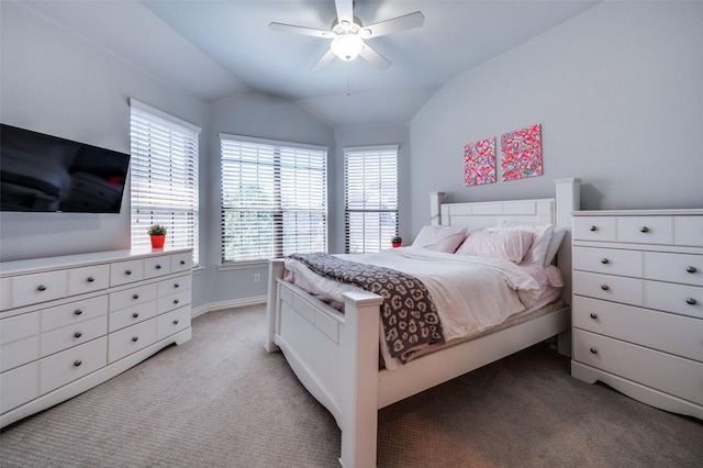13348 Torrington Dr, Frisco, TX 75035 - bedroom featuring light colored carpet, lofted ceiling, baseboards, and a ceiling fan